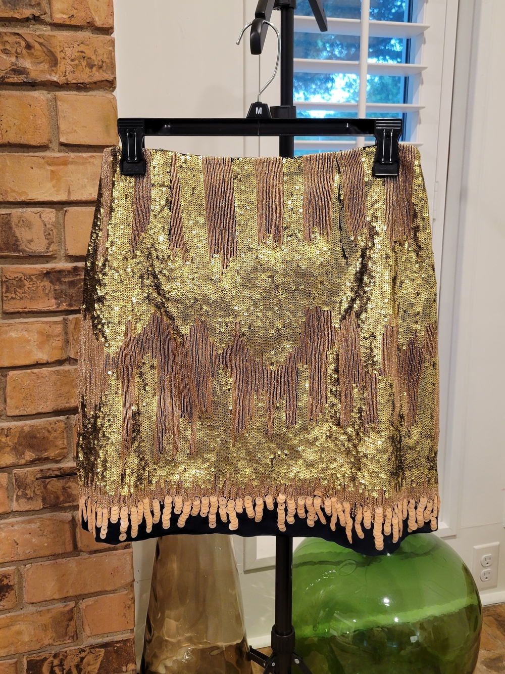 Anthropologie Geisha Designs Gold Sequin Fringe Mini Skirt